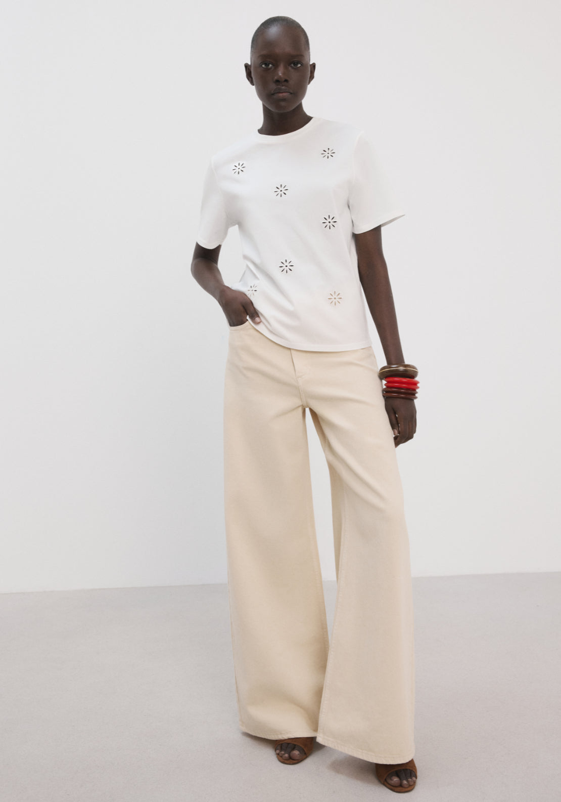 Embroidered Cutwork Cotton  T-Shirt - White