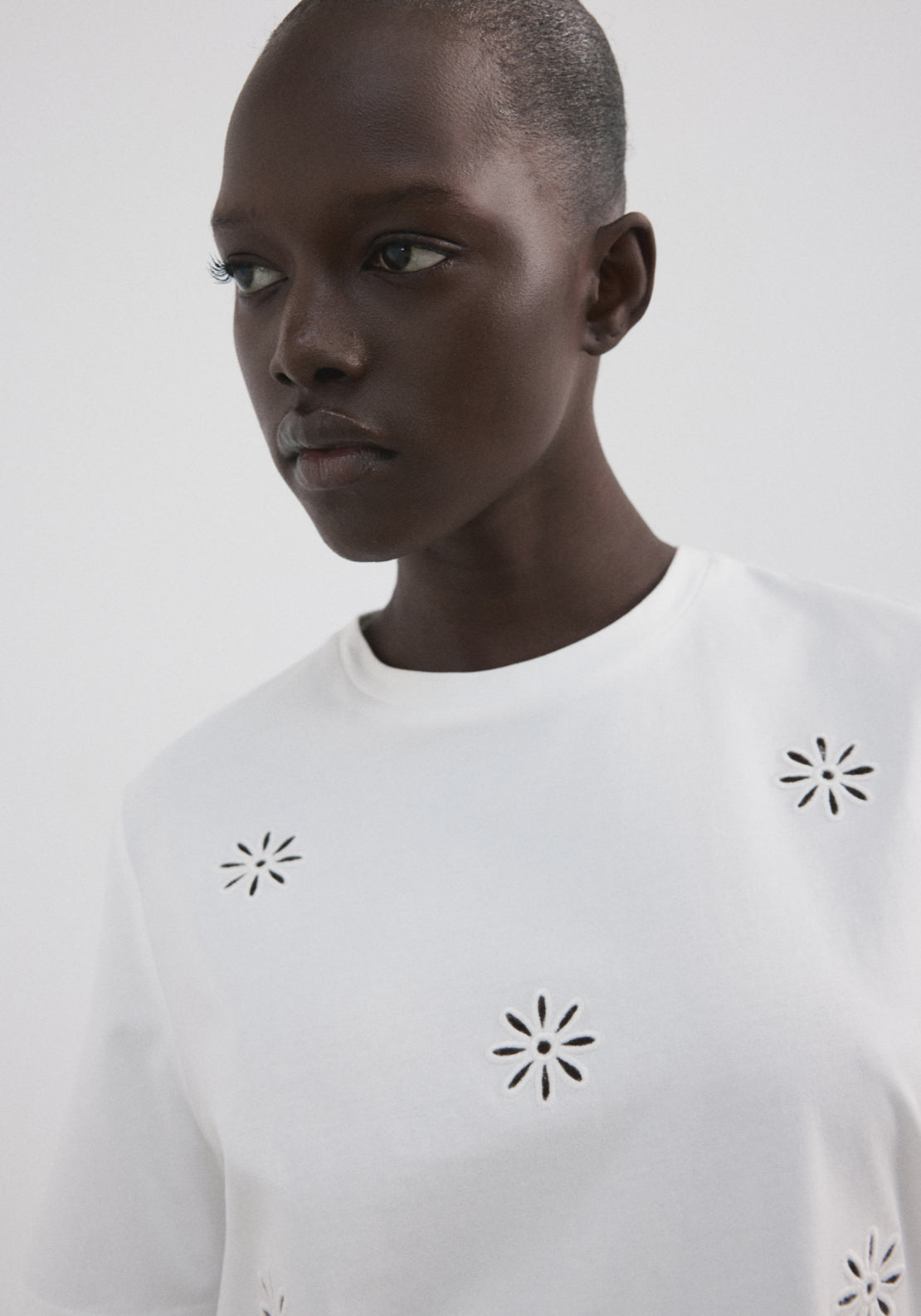 Embroidered Cutwork Cotton  T-Shirt - White