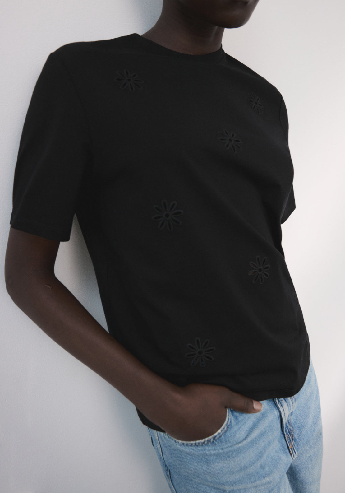 Embroidered Cutwork Cotton  T-Shirt - Black