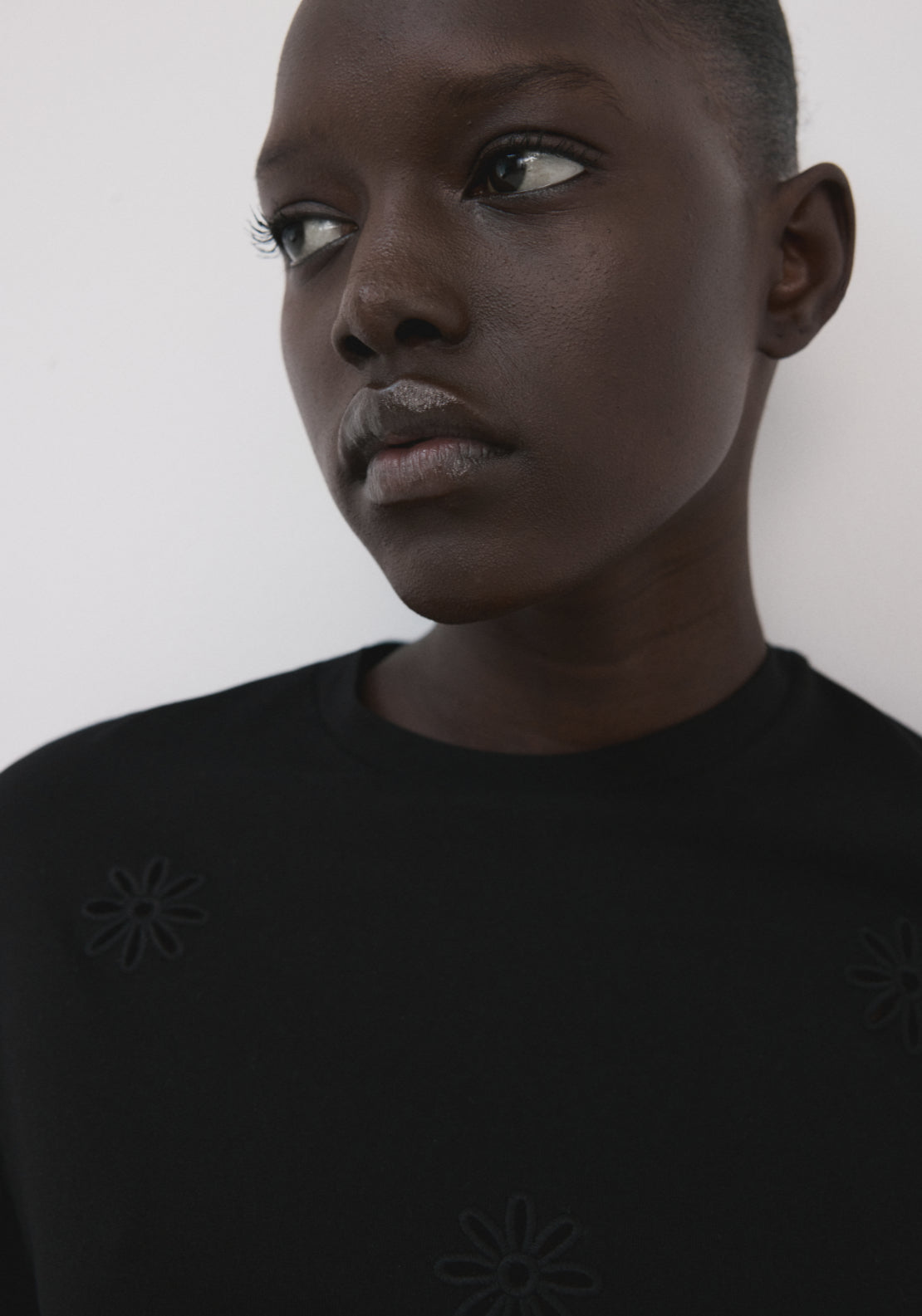 Embroidered Cutwork Cotton  T-Shirt - Black
