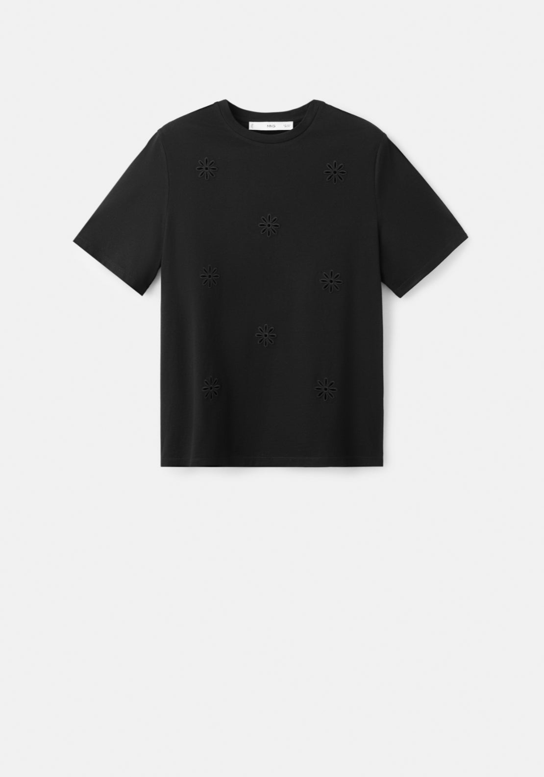 Embroidered Cutwork Cotton  T-Shirt - Black