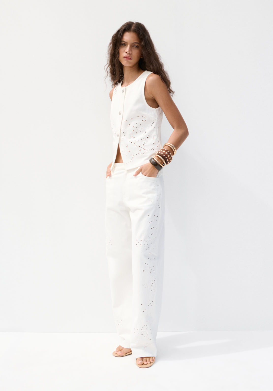 Broderie Anglaise Embroidered Denim Gilet - White