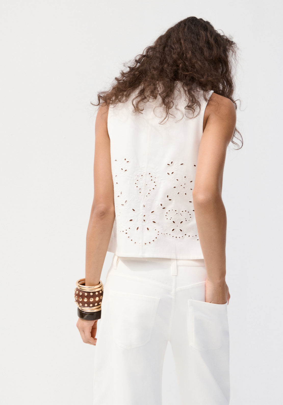 Broderie Anglaise Embroidered Denim Gilet - White