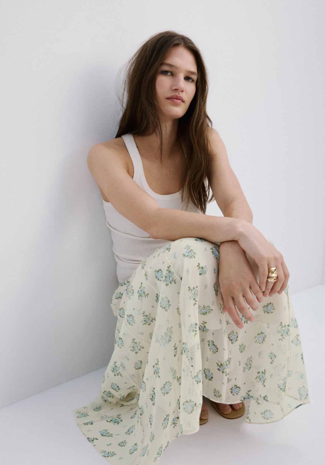 Floral Godet Skirt - White