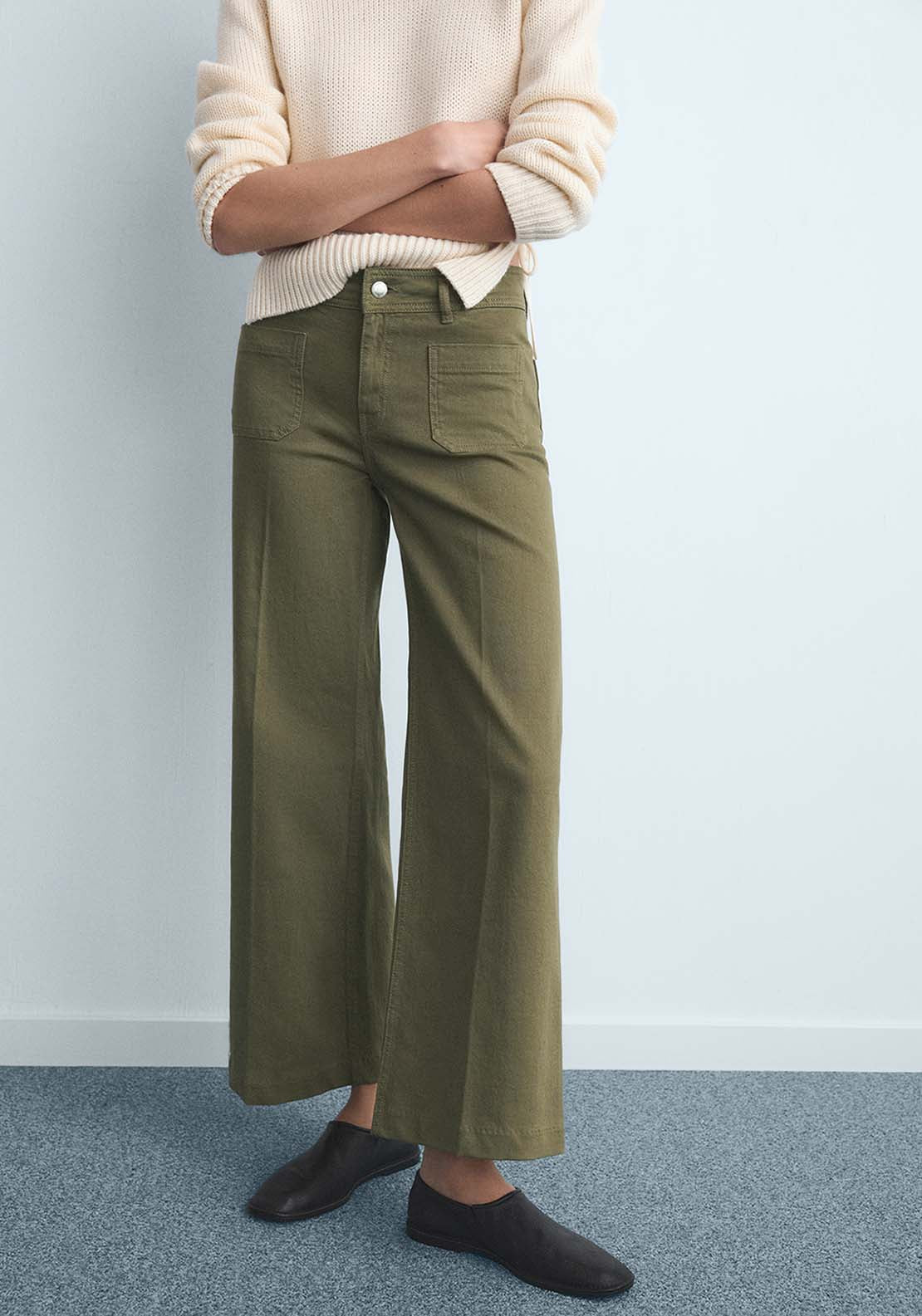 Wide Leg Jeans With Pockets - Green