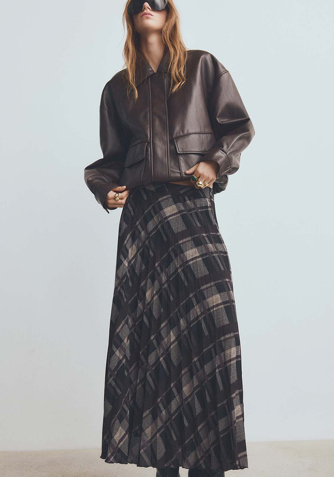 Checked Long Skirt - Brown