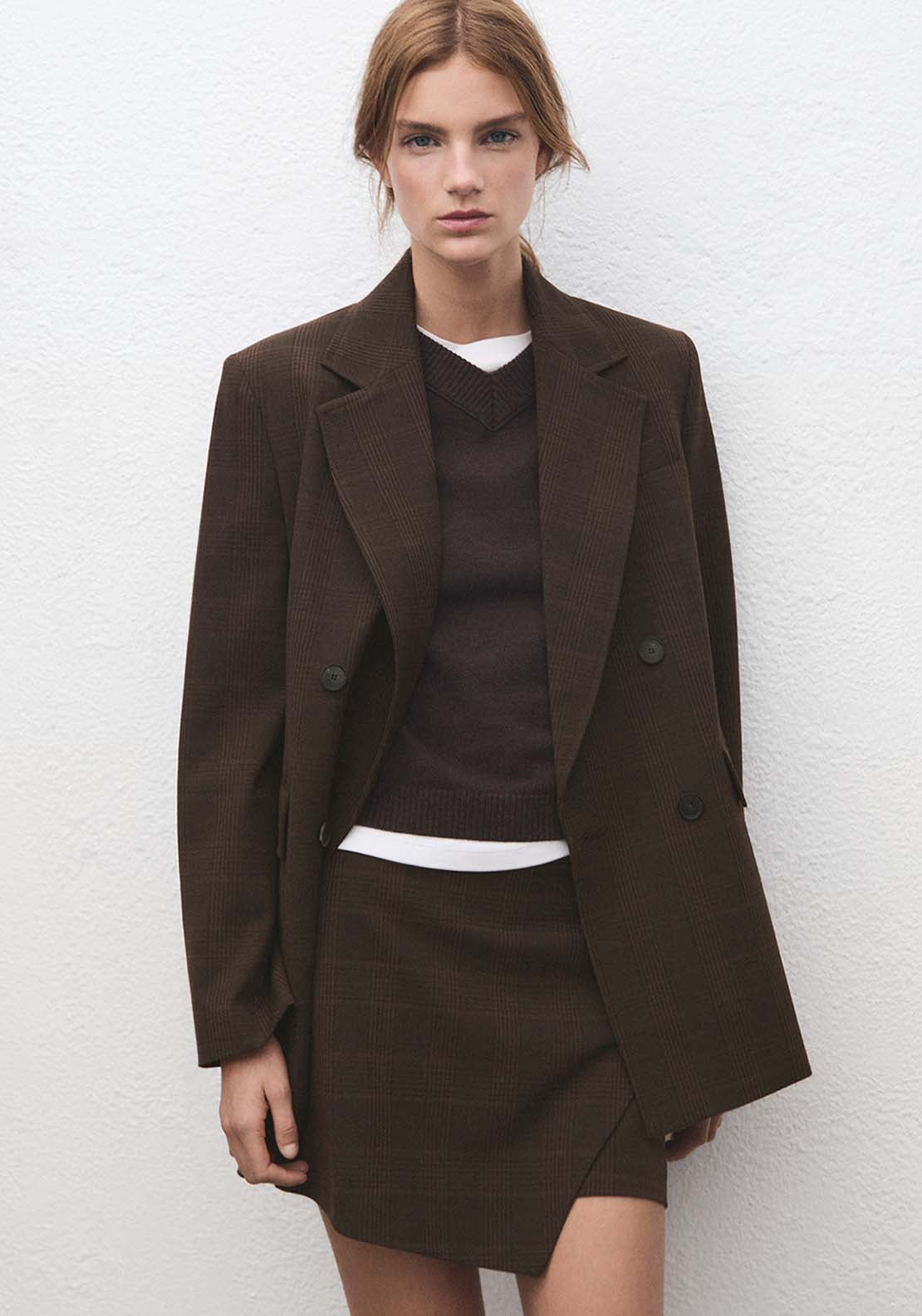 Checked Asymmetric Skirt - Brown