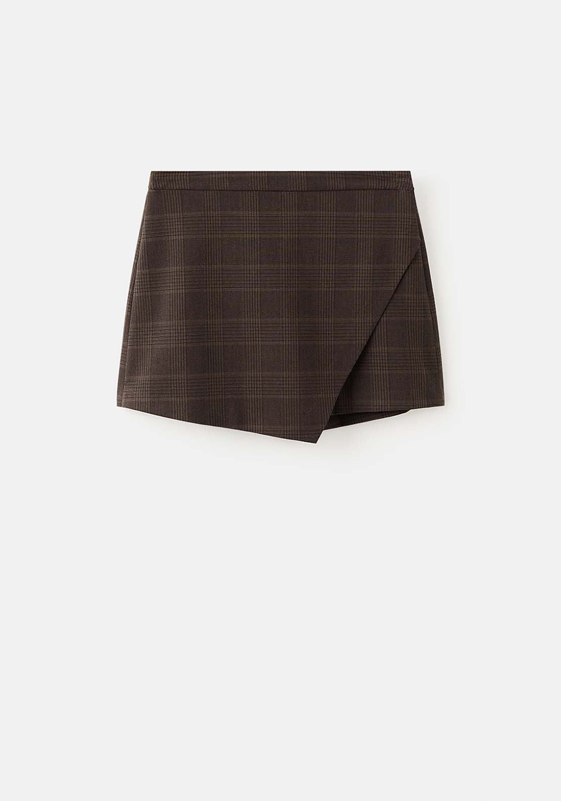Checked Asymmetric Skirt - Brown