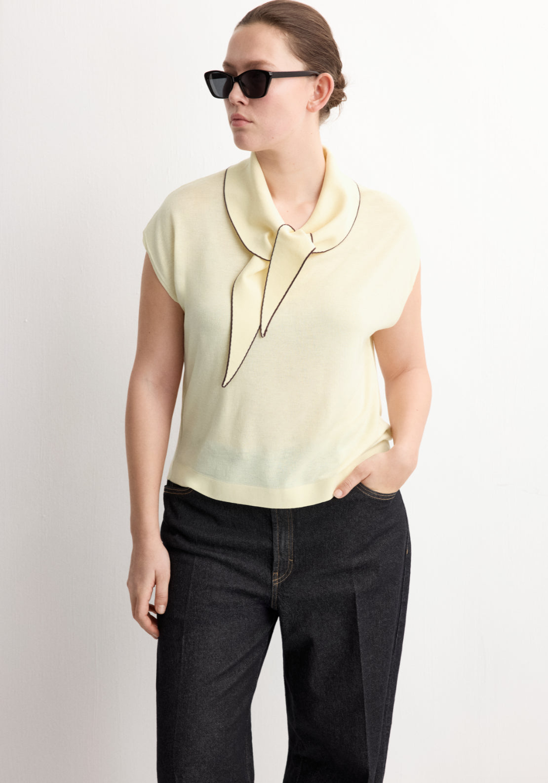 Knit Top With Scarf Detail - Light Yellow