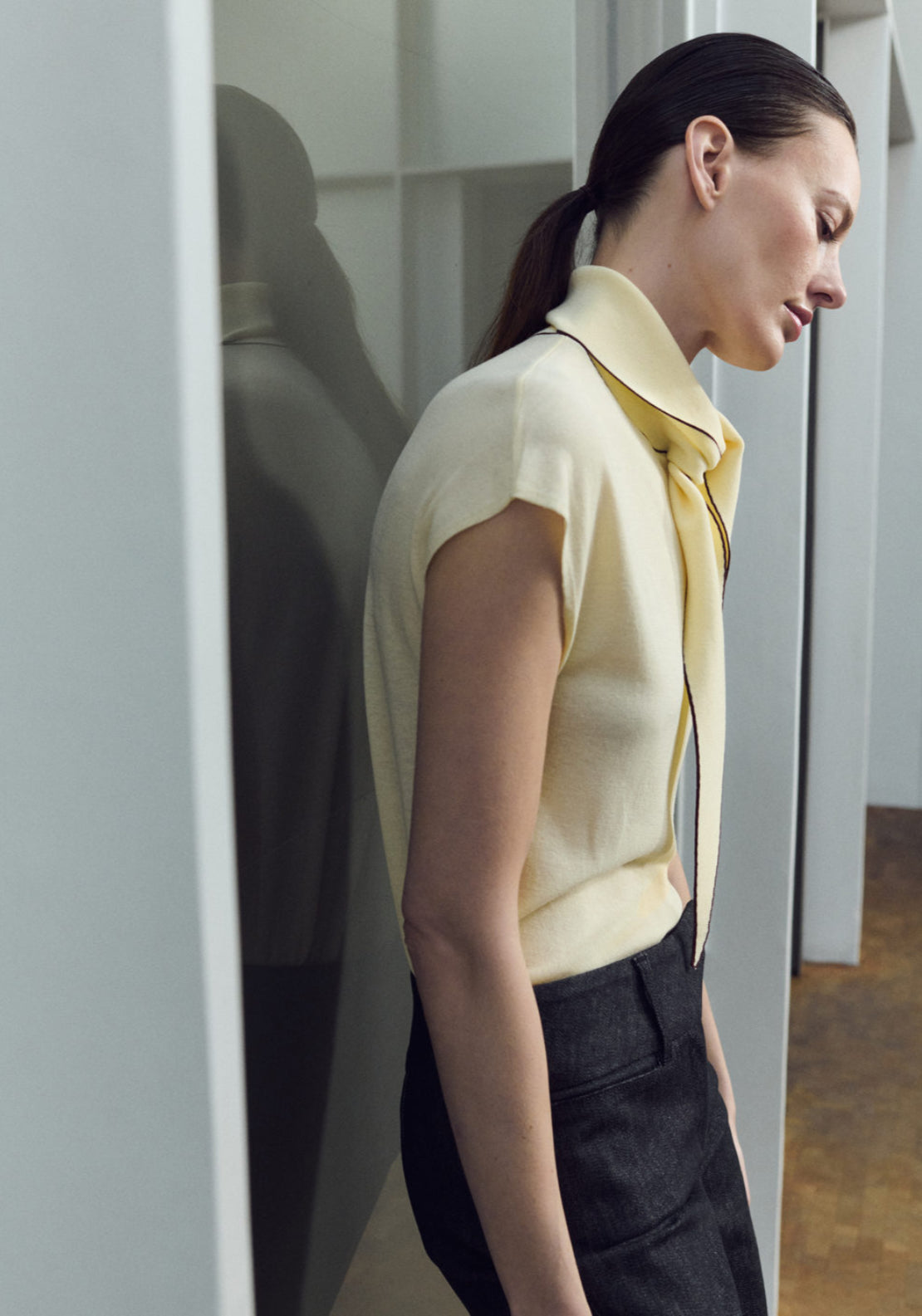 Knit Top With Scarf Detail - Light Yellow