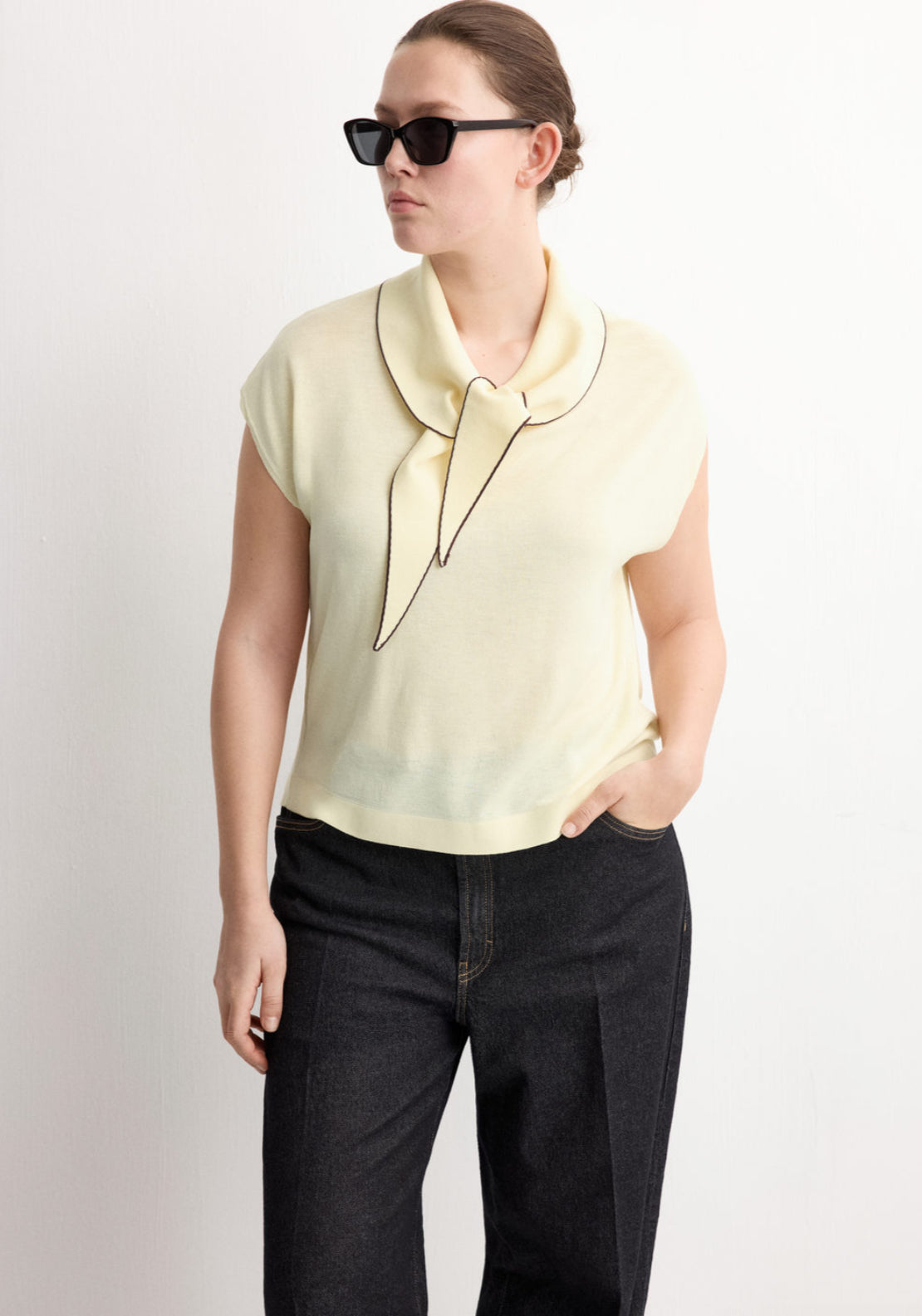 Knit Top With Scarf Detail - Light Yellow