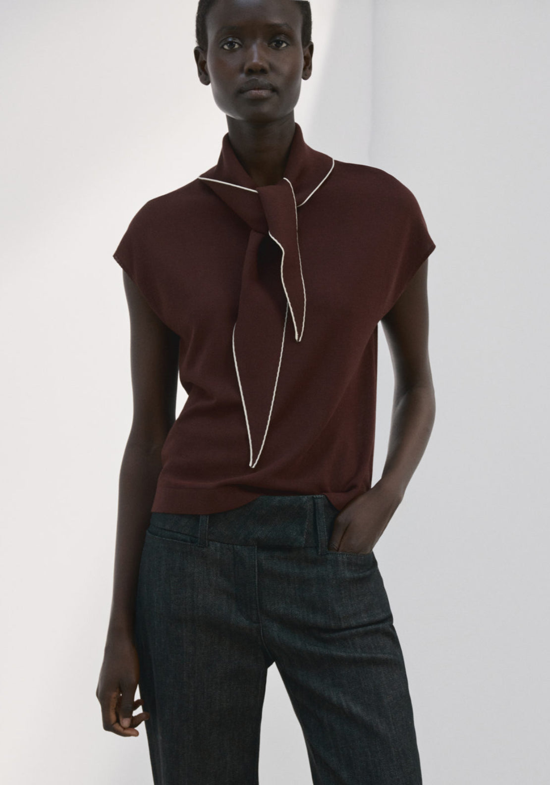 Knit Top With Scarf Detail - Brown