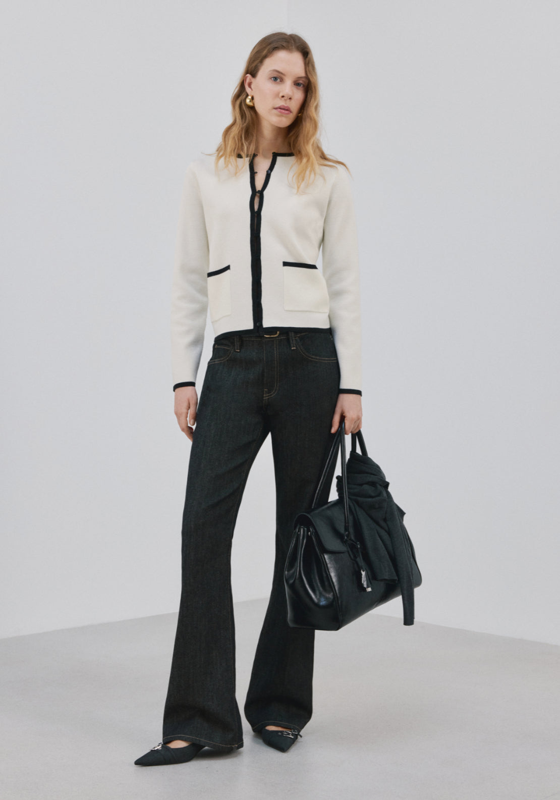 Contrasting Ribbed Cardigan - Cream