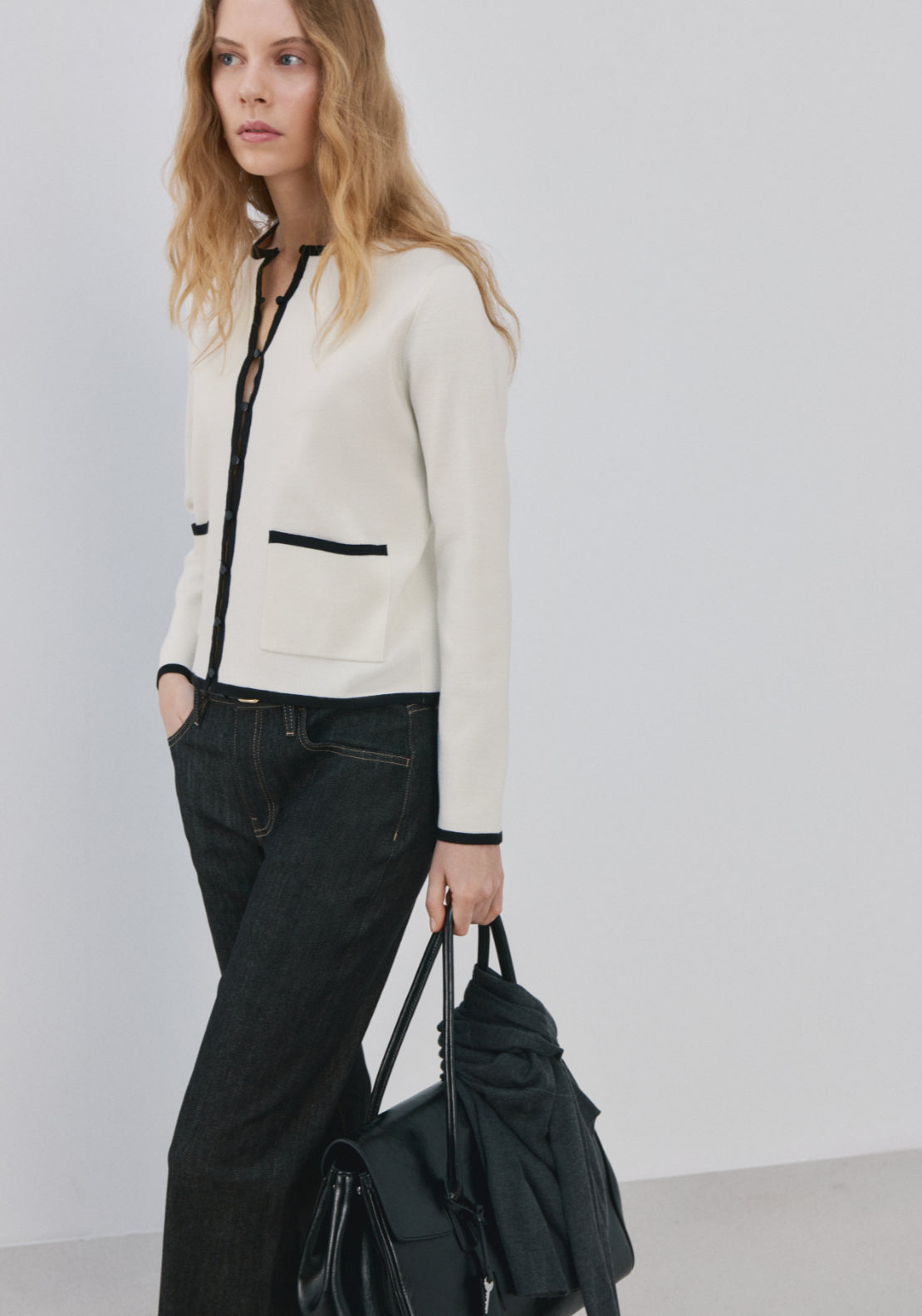 Contrasting Ribbed Cardigan - Cream
