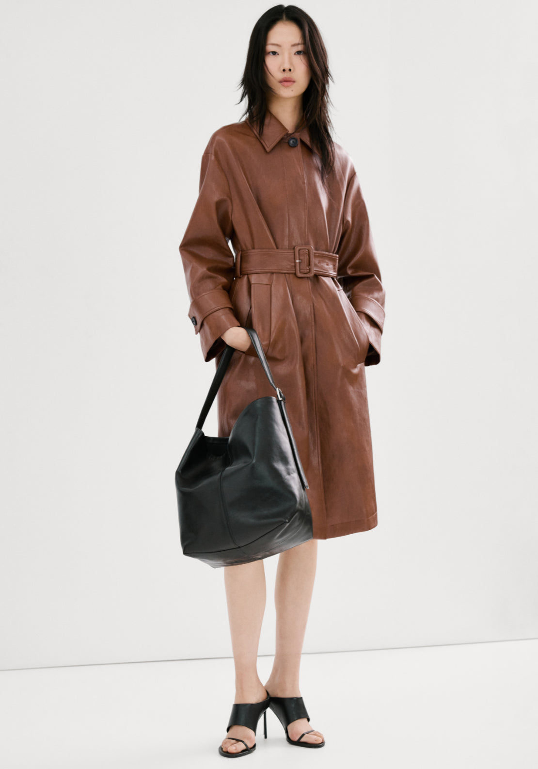 Long Faux Leather Trench Coat With Belt - Brown