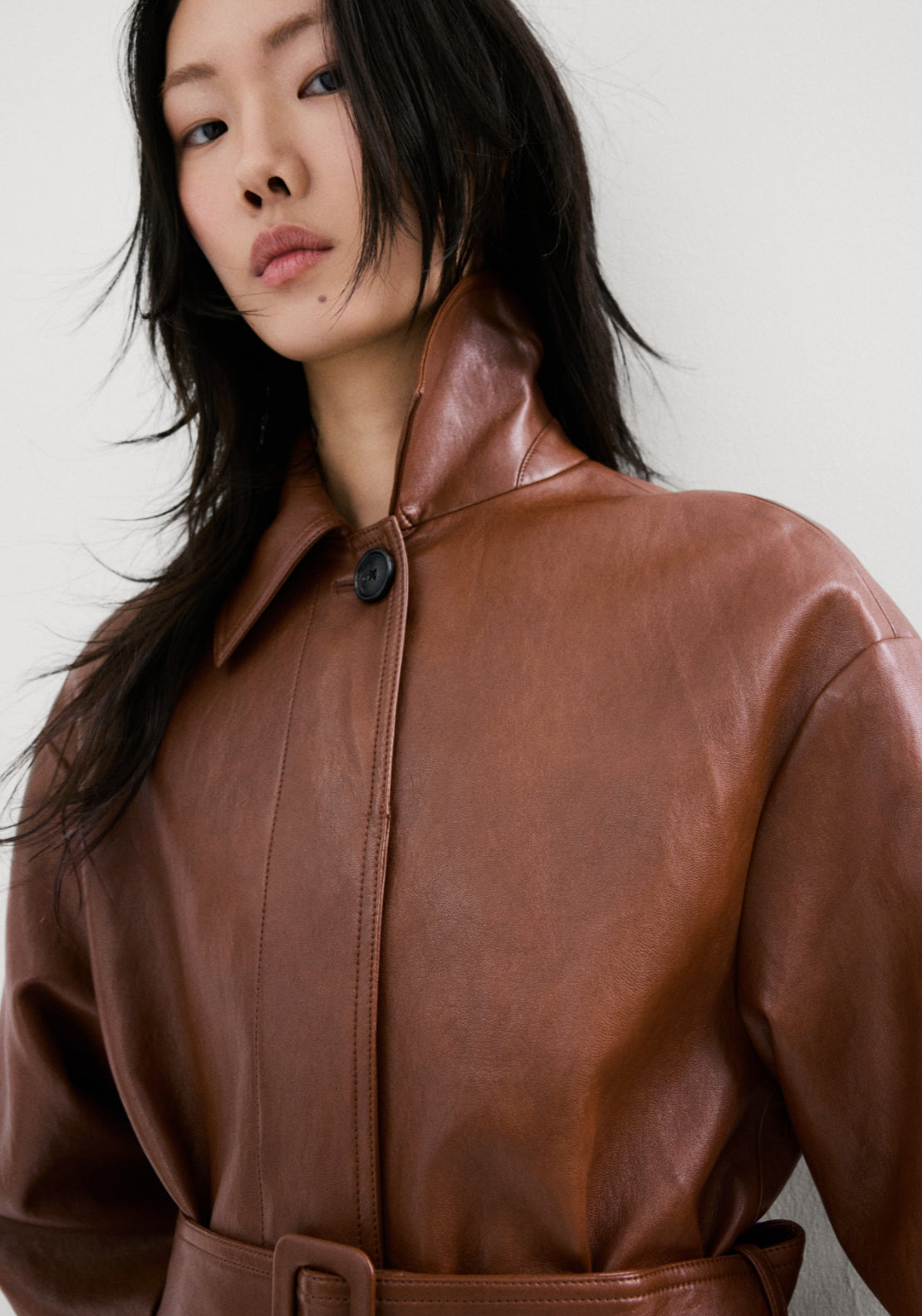 Long Faux Leather Trench Coat With Belt - Brown