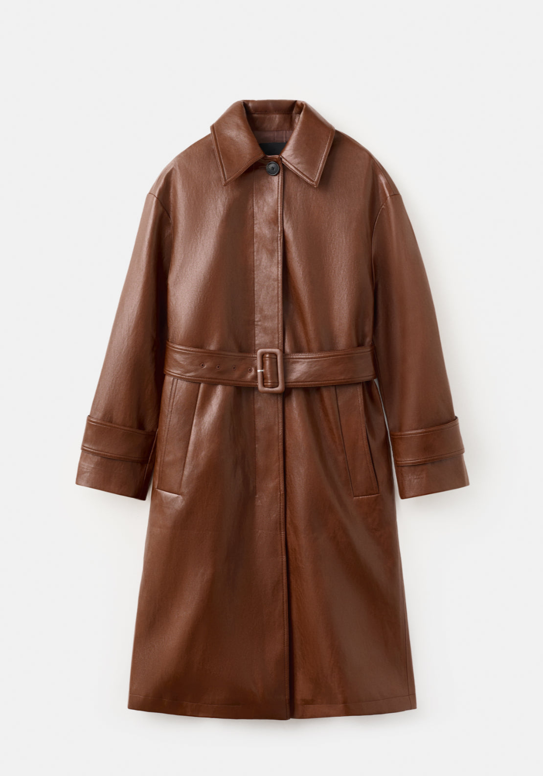 Long Faux Leather Trench Coat With Belt - Brown