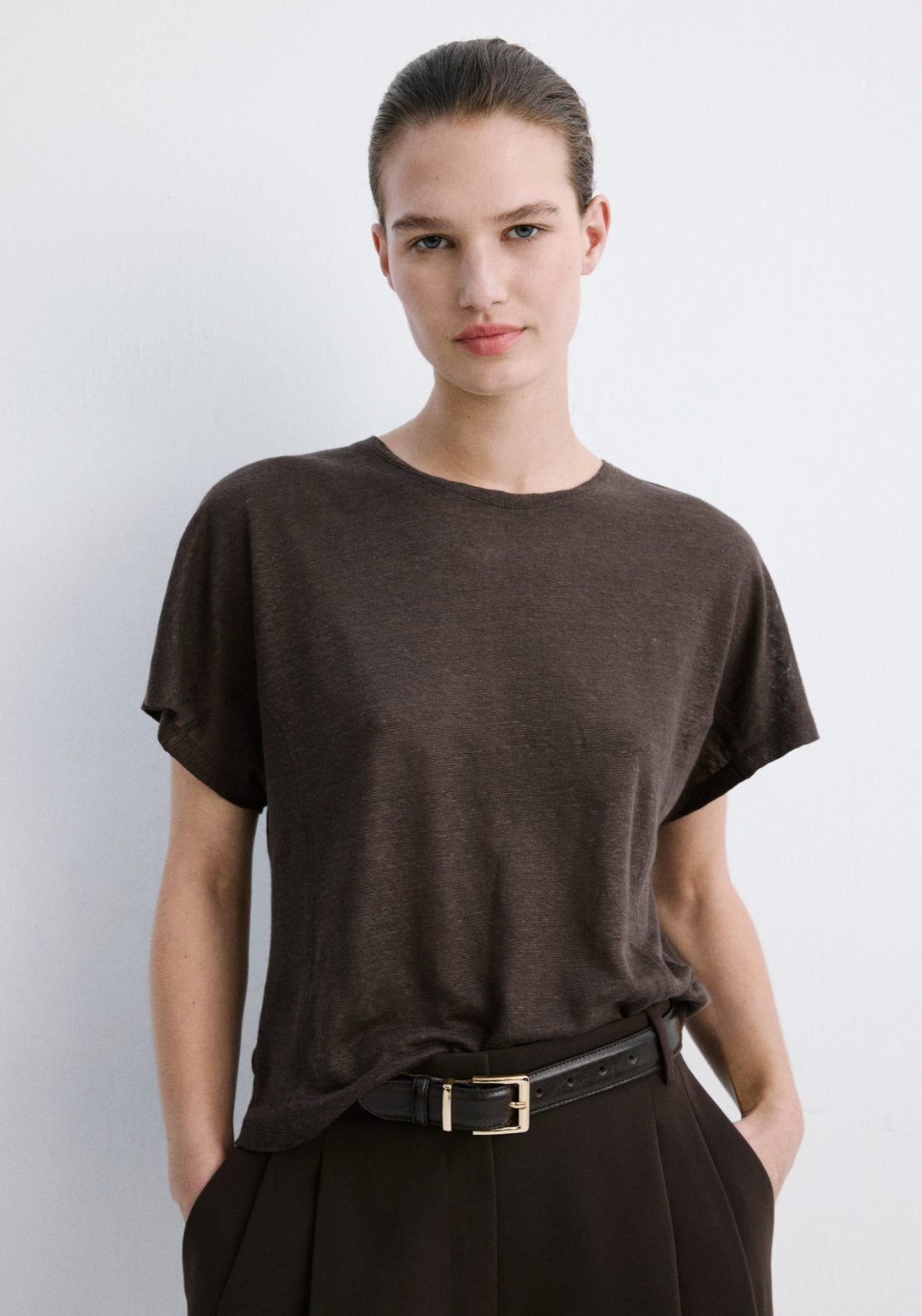 Mango Short Sleeved Linen T-Shirt - Brown 1 Shaws Department Stores