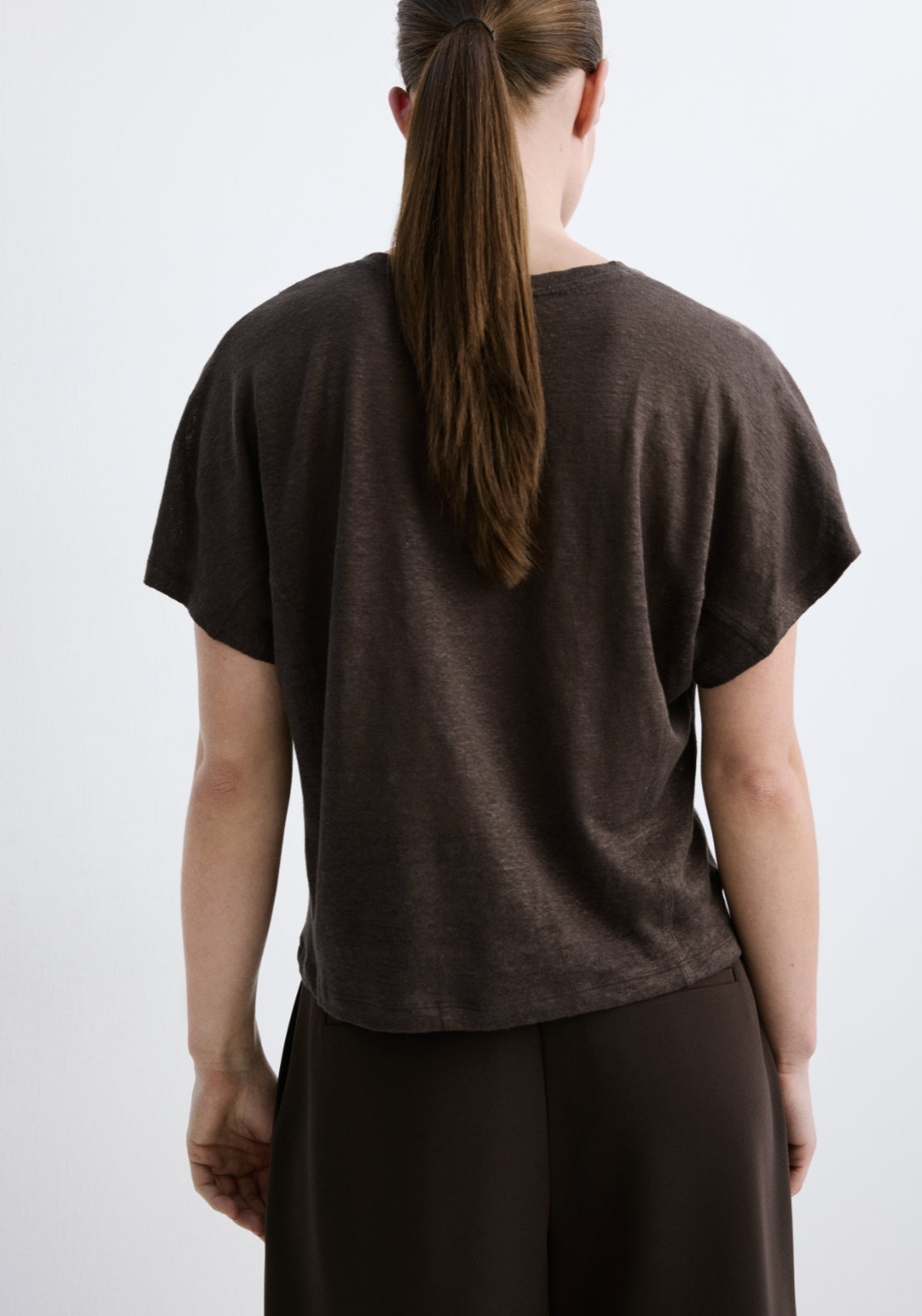Mango Short Sleeved Linen T-Shirt - Brown 2 Shaws Department Stores