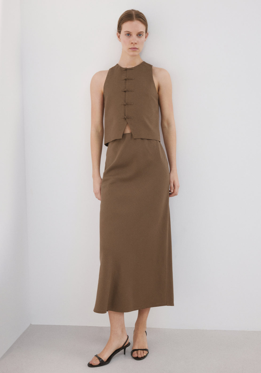 Linen Blend Straight Skirt - Brown