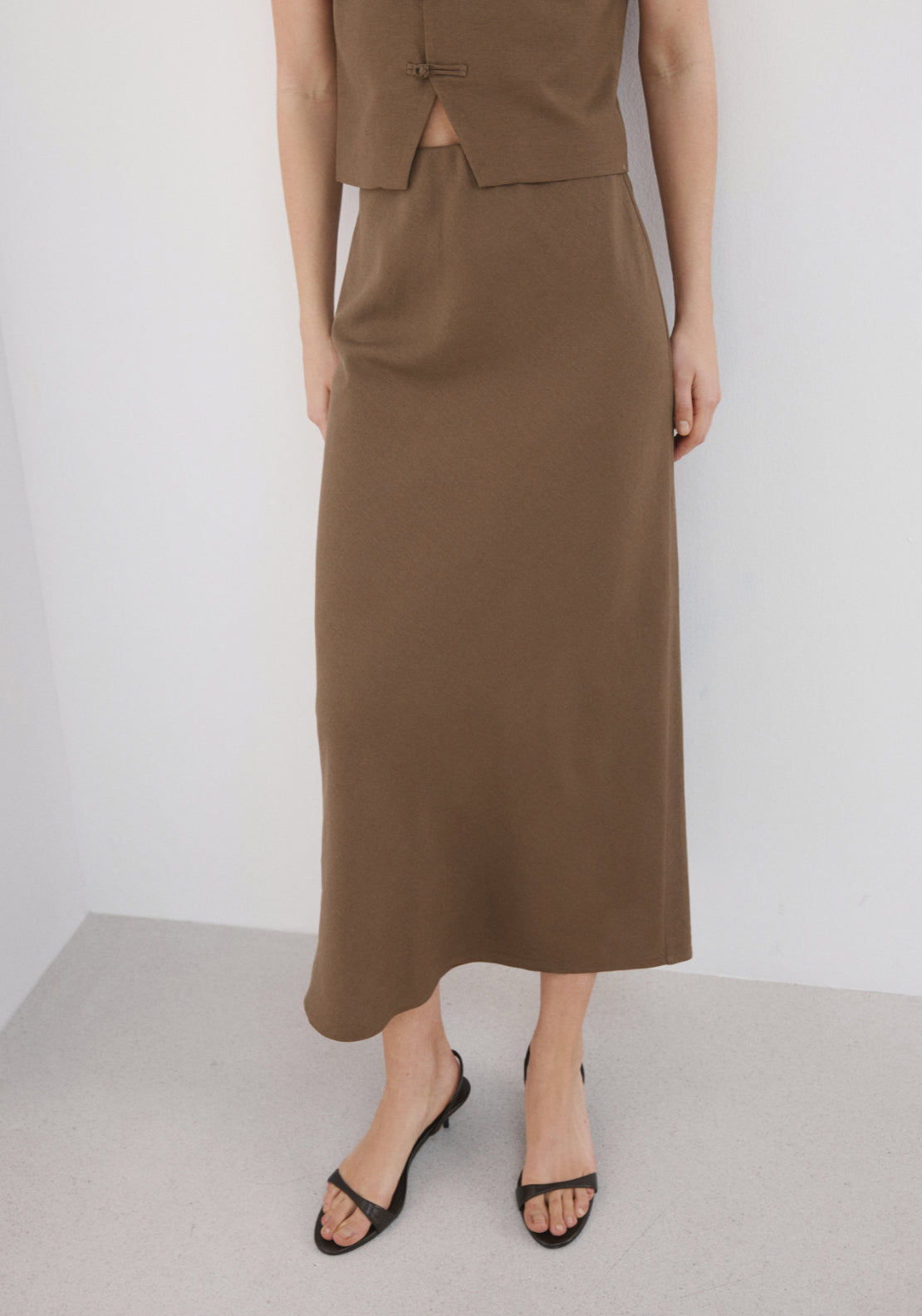 Linen Blend Straight Skirt - Brown