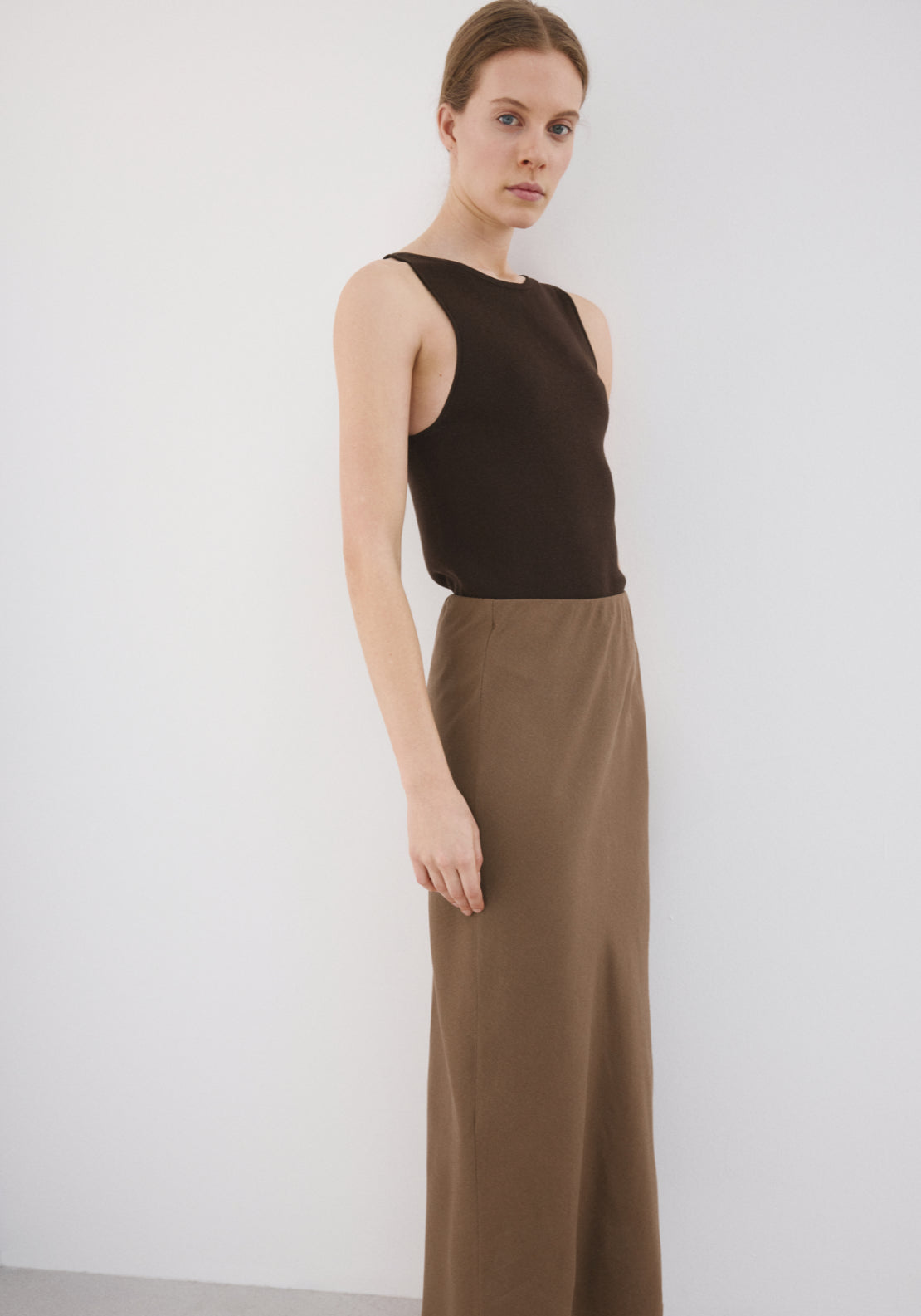Linen Blend Straight Skirt - Brown