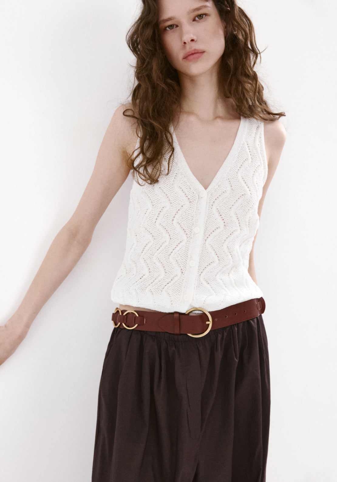 Openwork Knit V-Neck Gilet - White