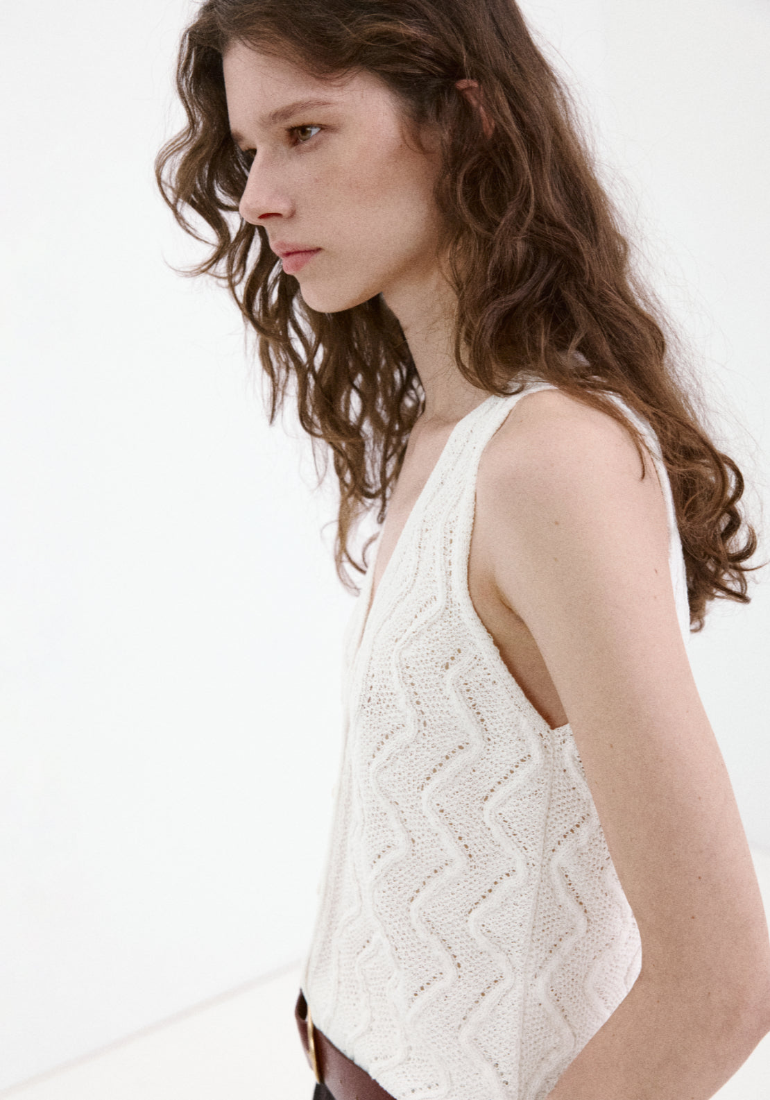 Openwork Knit V-Neck Gilet - White