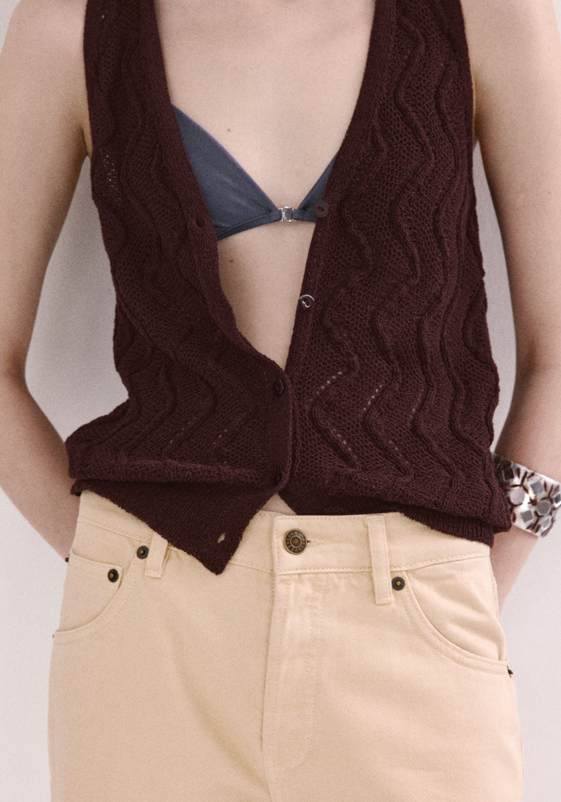 Openwork Knit V-Neck Gilet - Brown