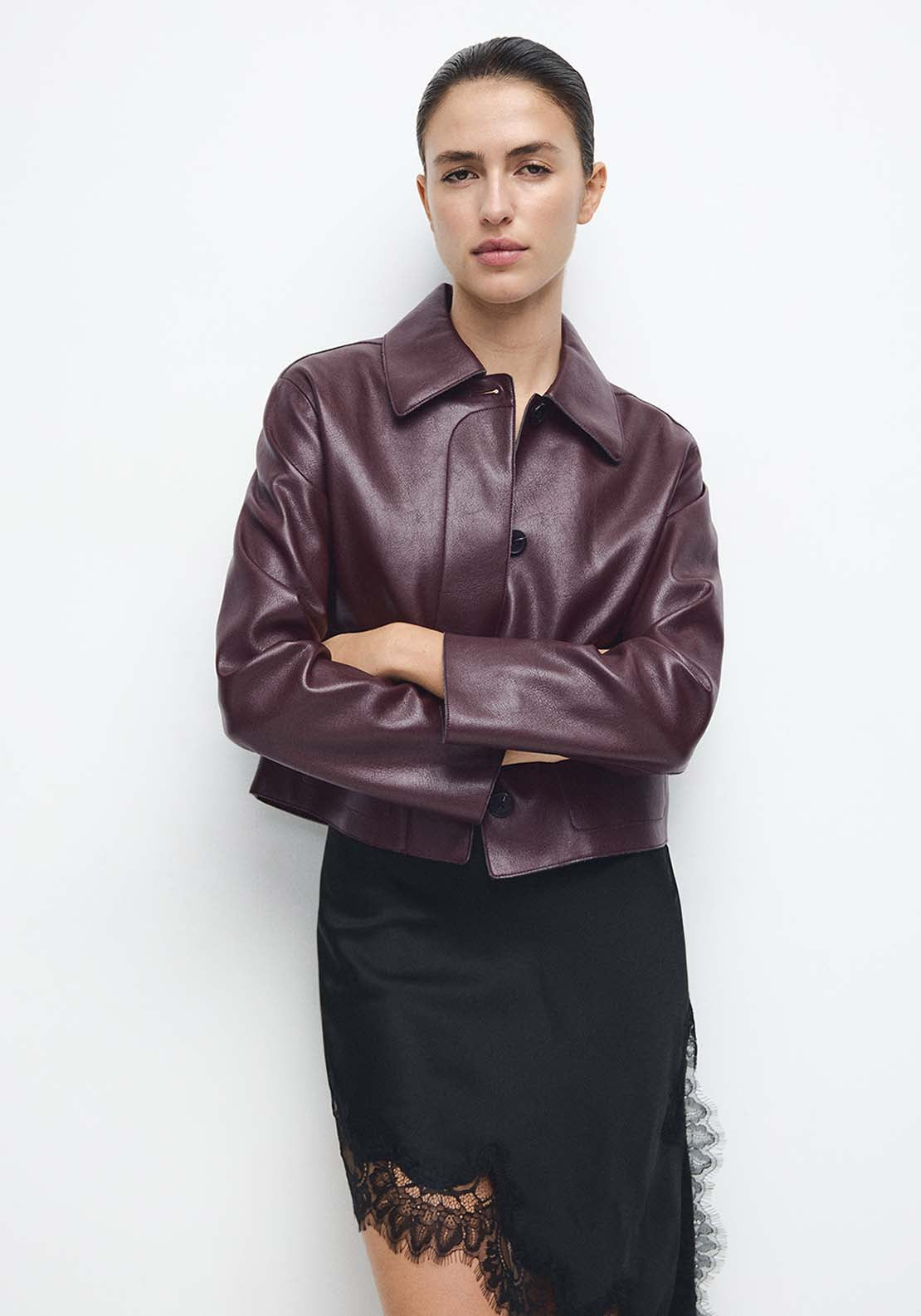Faux Leather Jacket With Pockets - Burgundy