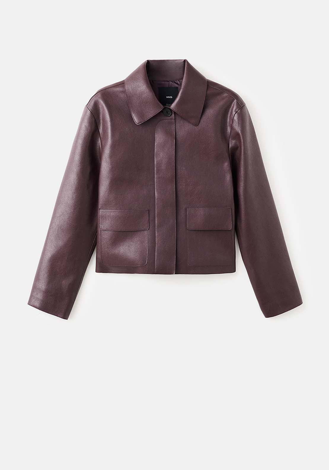 Faux Leather Jacket With Pockets - Burgundy