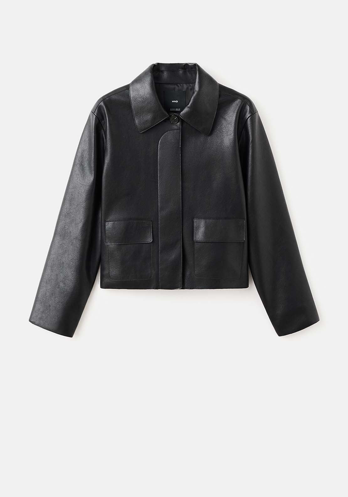 Faux Leather Jacket With Pockets - Black
