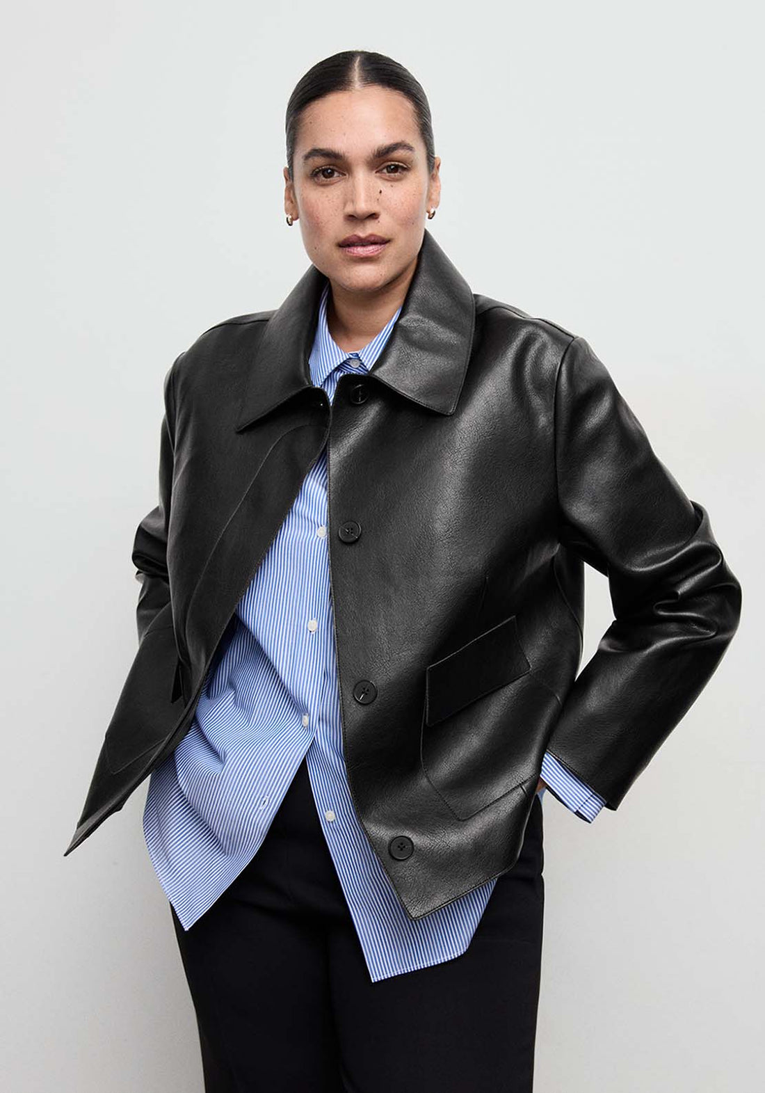 Faux Leather Jacket With Pockets - Black