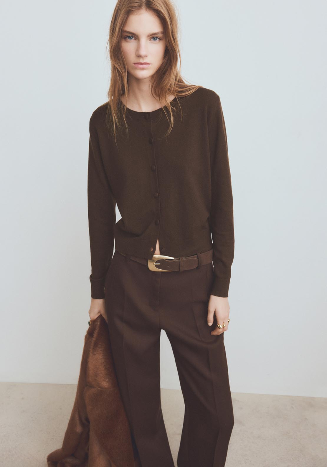 Mango Fine Knitted Button Cardigan - Brown 1 Shaws Department Stores