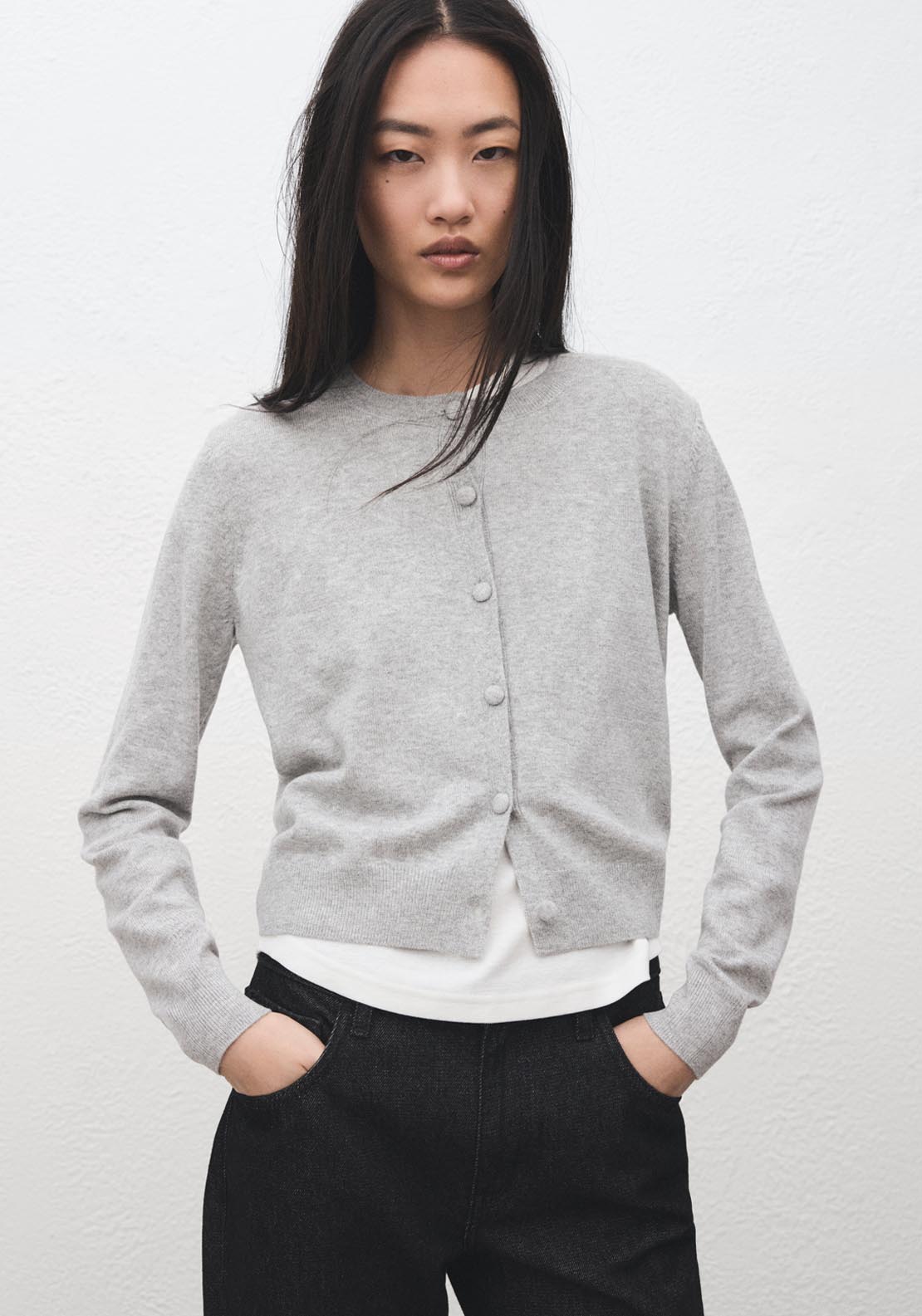 Knitted Button Cardigan - Light Grey
