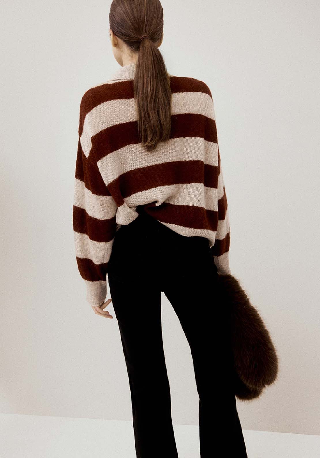 Striped Polo Neck Sweater - Brown