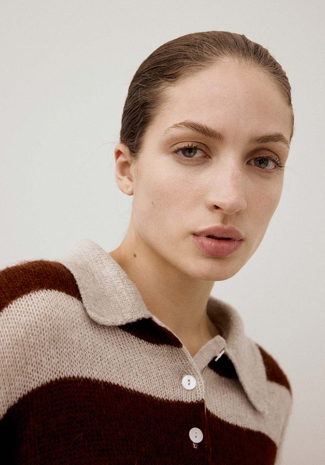Striped Polo Neck Sweater - Brown