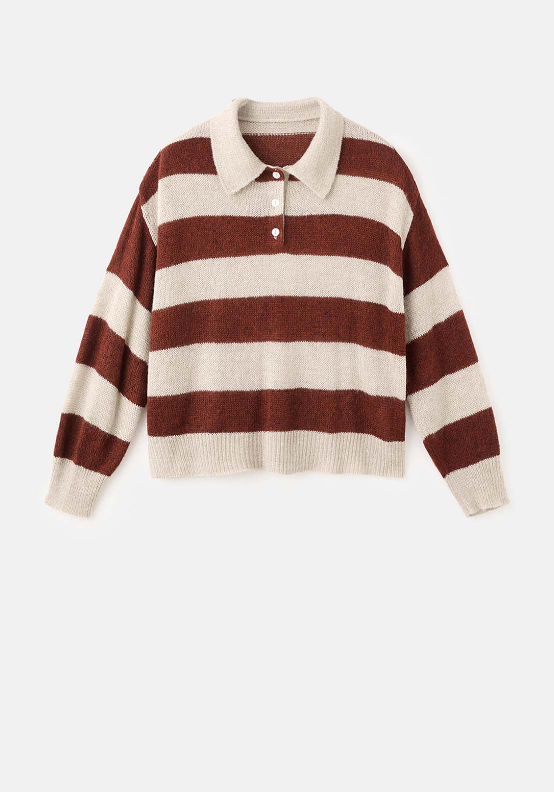 Striped Polo Neck Sweater - Brown