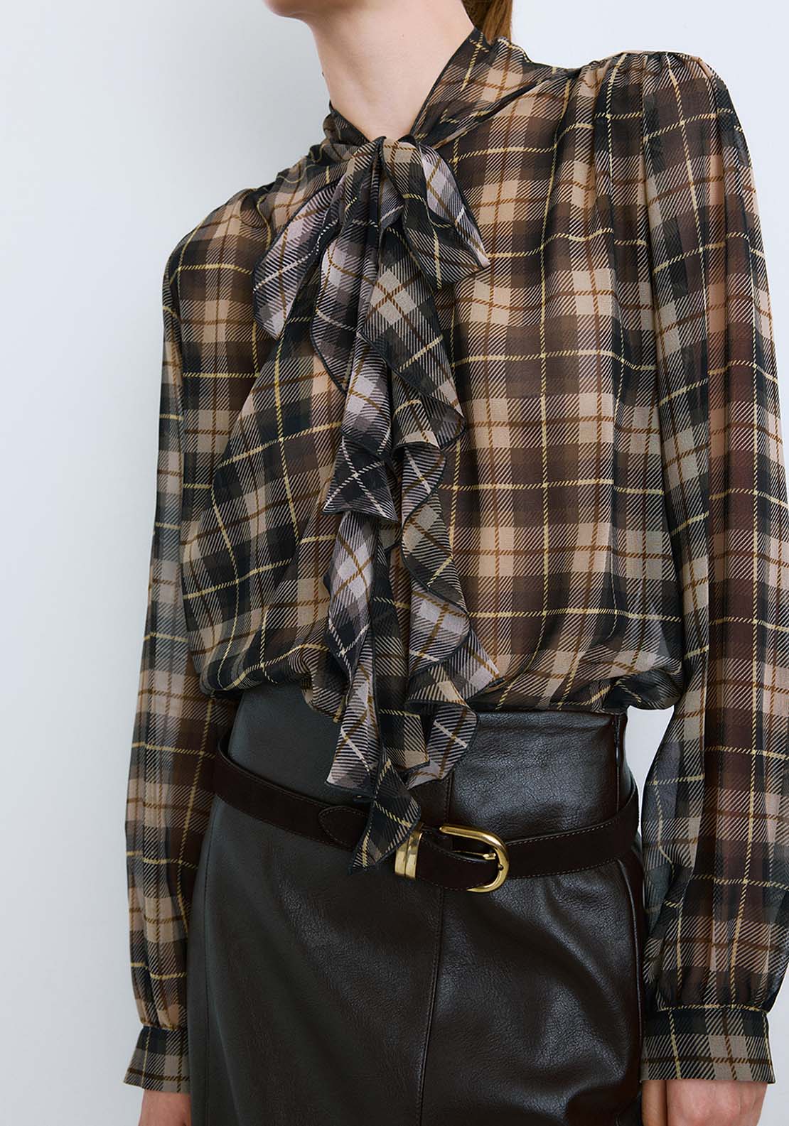 Blouse With Check Pattern &amp; Foulard Collar - Brown