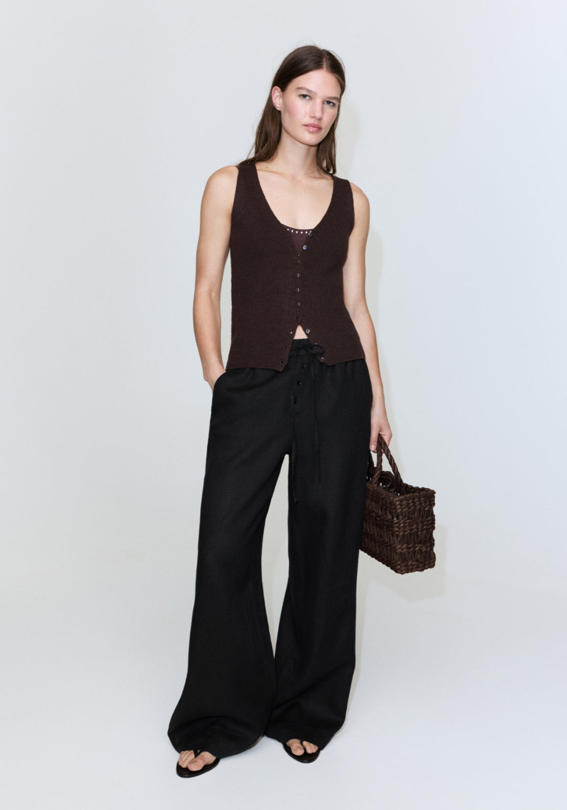 Mango Linen Trousers With Buttons - Brown 5 Shaws Department Stores