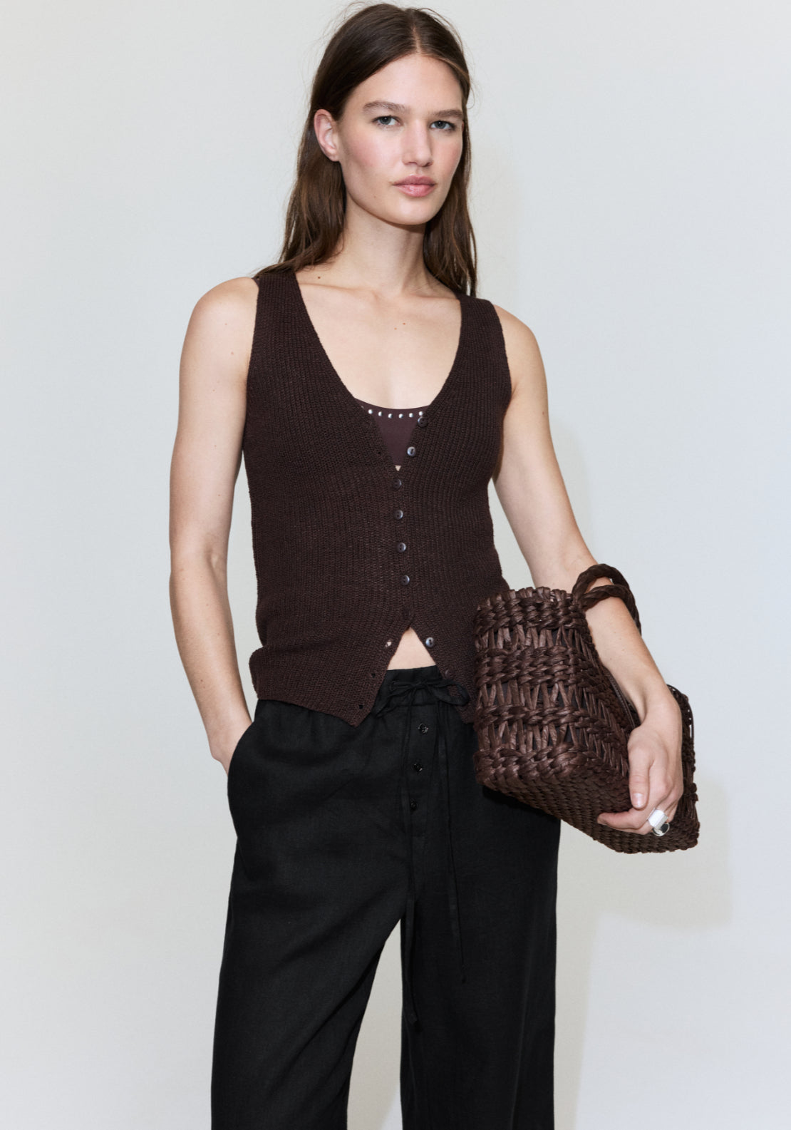 Linen Trousers With Buttons - Black