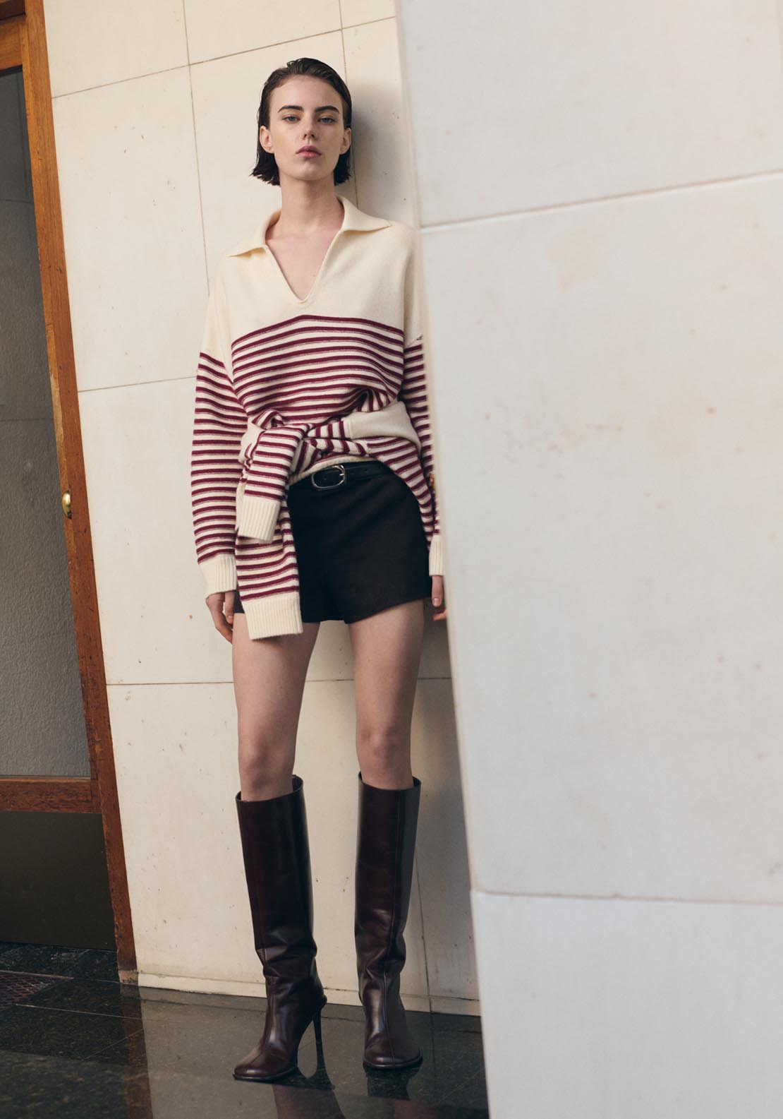 Striped Polo Neck Sweater - Cream