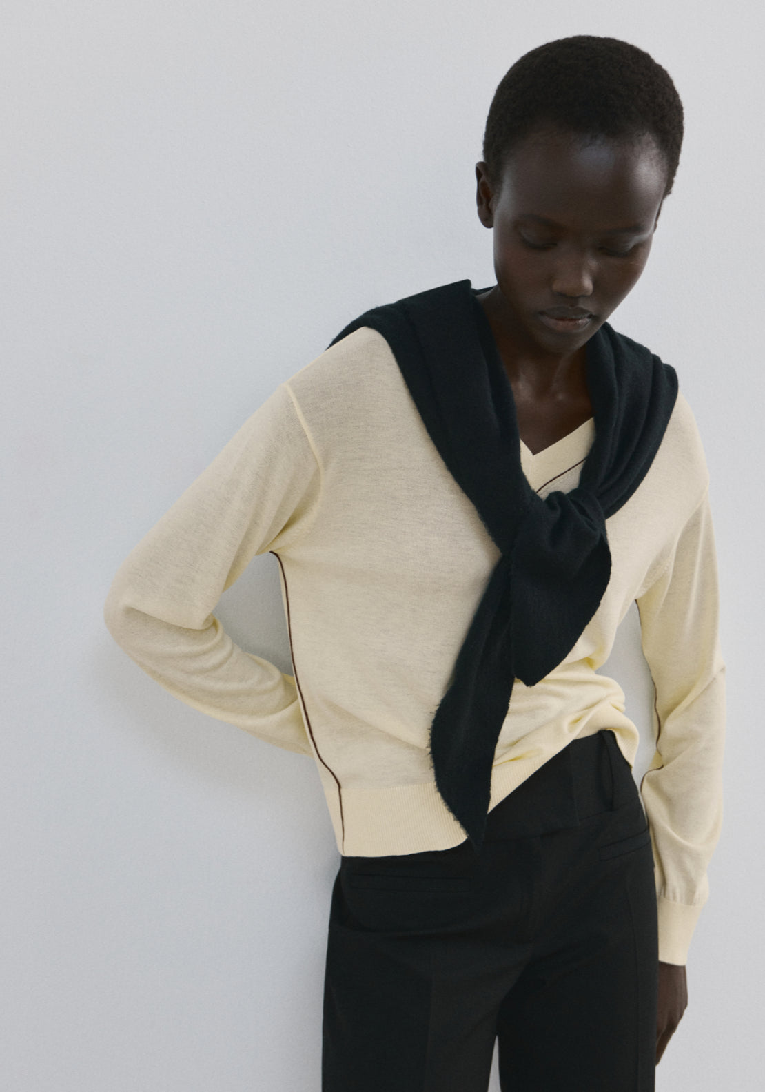 V-Neck Sweater With Contrast Trim - Light Yellow