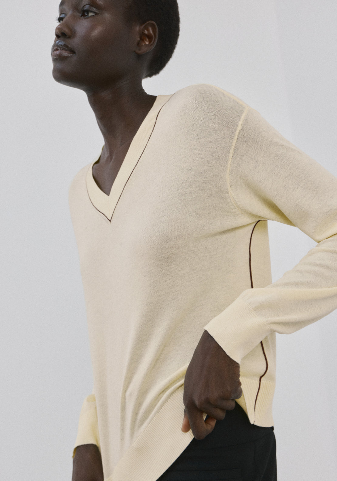 V-Neck Sweater With Contrast Trim - Light Yellow