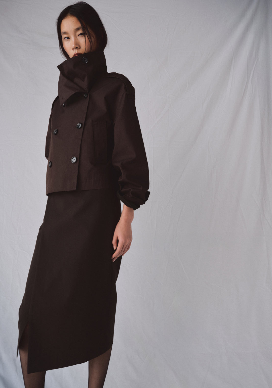 Funnel Neck Cropped Trench Coat - Brown