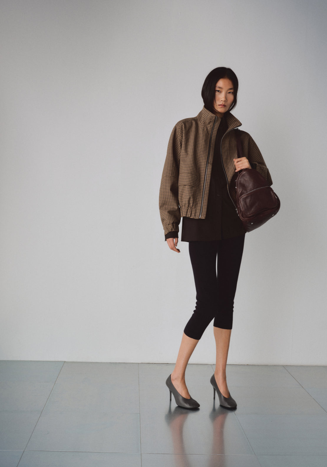 Houndstooth Jacket With High Collar - Brown