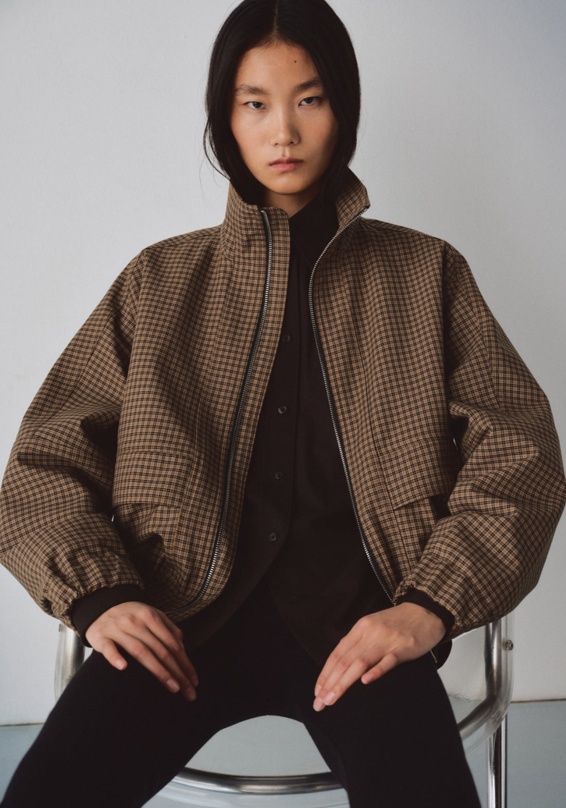 Houndstooth Jacket With High Collar - Brown