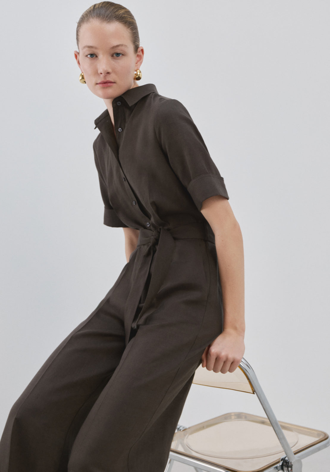 Lyocell Shirt Jumpsuit - Brown