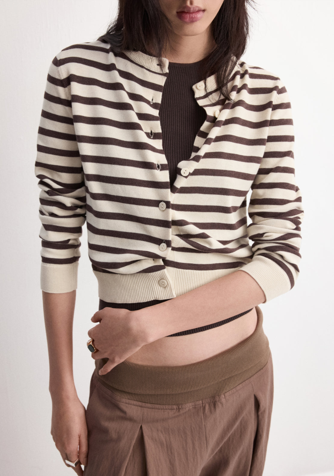 Stripped Knit Cardigan - Brown