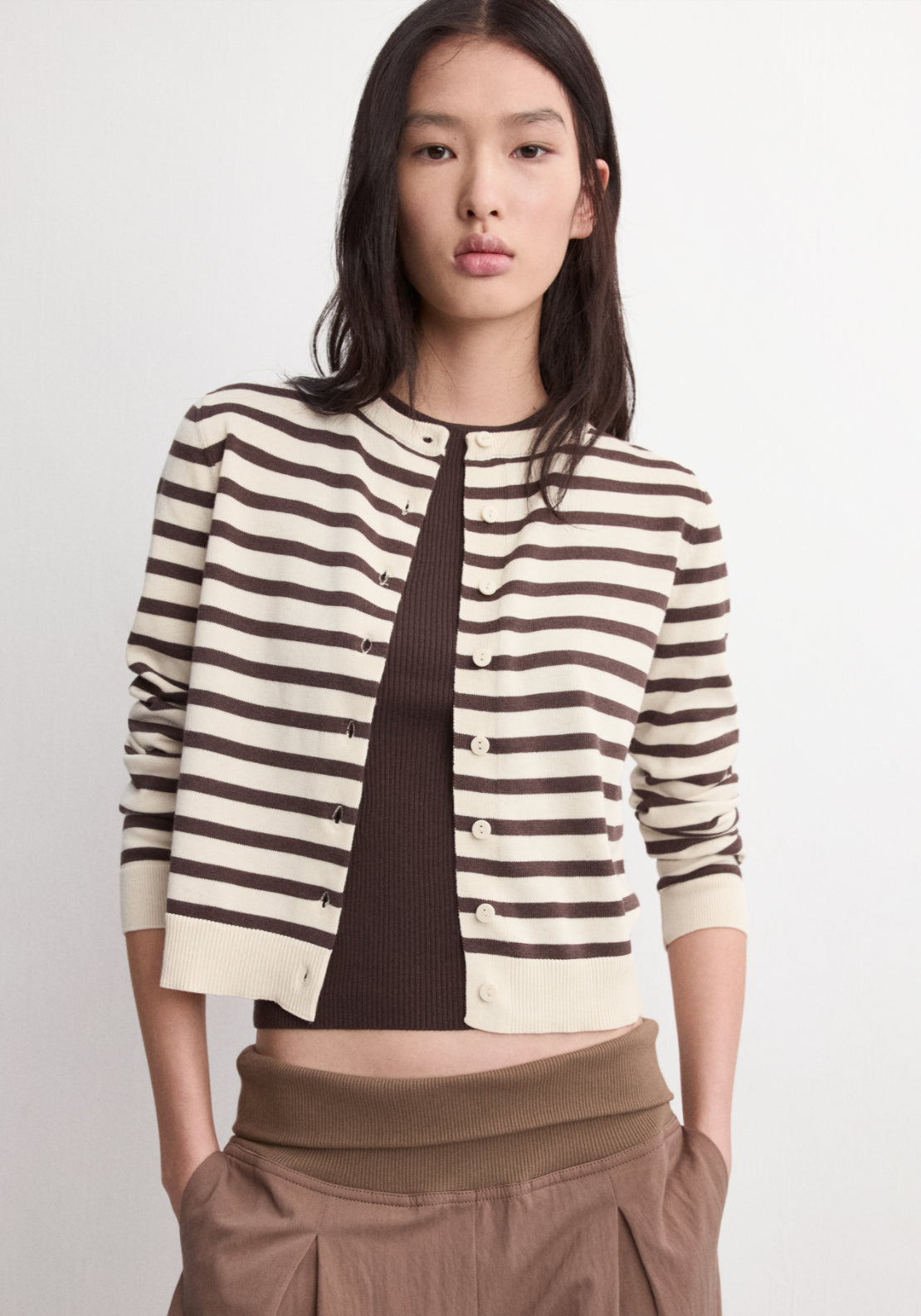 Stripped Knit Cardigan - Brown